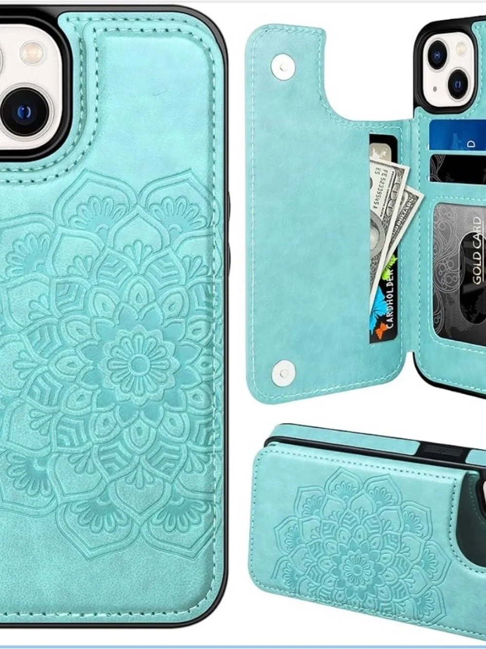 2 iPhone 13 Floral Wallet Phone Case with Card Slots Tan and Mint Floral
